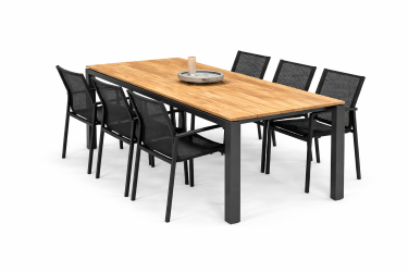 Lukkes Outdoor 7-Delige diningset 6x Ishi tuinstoel stapelbaar zwart 1x Goa Tuintafel 220x95cm teak