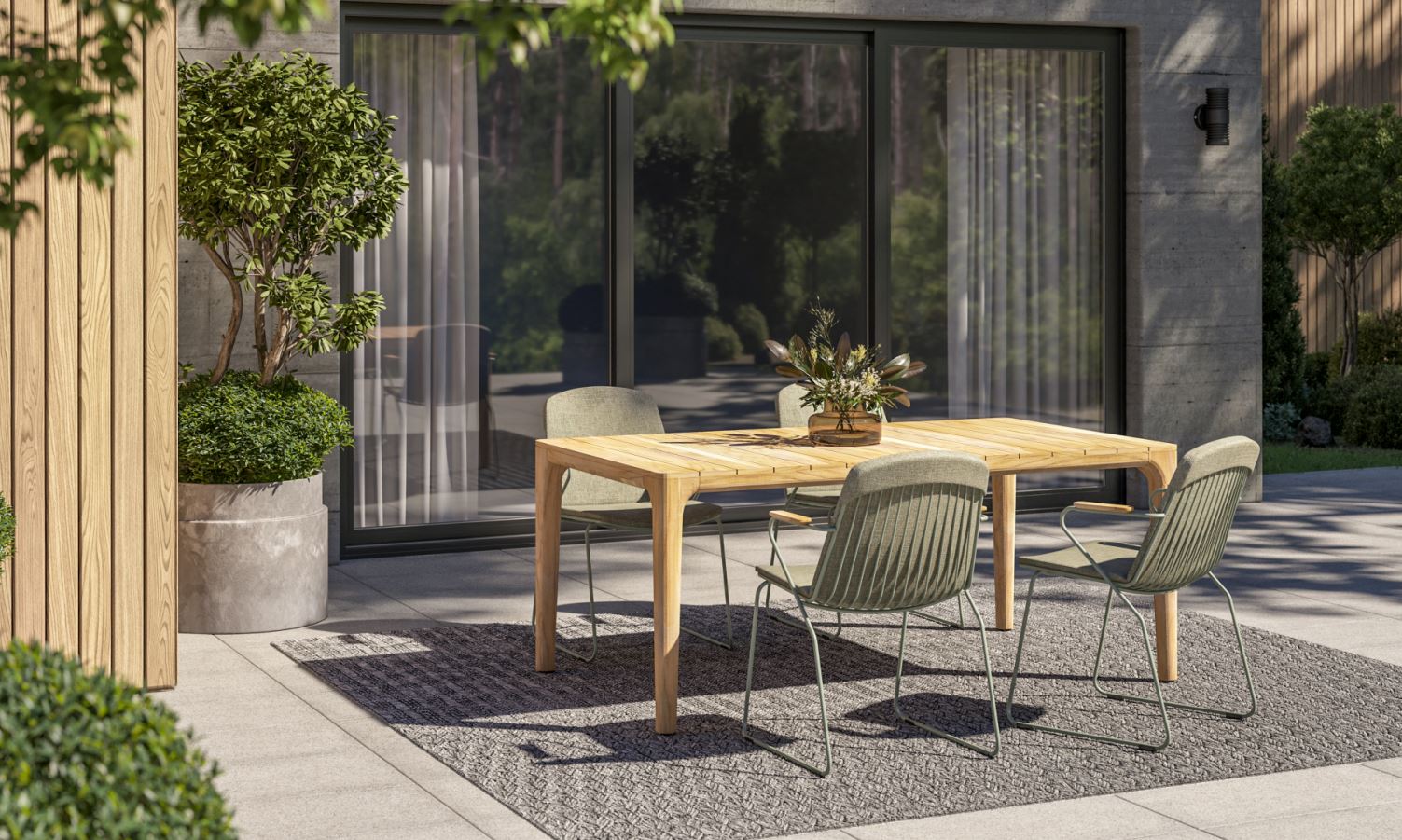 4 Seasons Outdoor 5-delige diningset 4x Veneto Dining stoel Olive green 1x Liam tafel 180x100cm teak