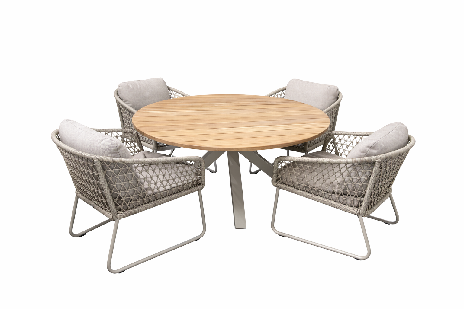 Yoi  5-delige Low Dining set 4x Bara Low Dining Beige 1x Noas Low Dining tafel R150 Salix Teak