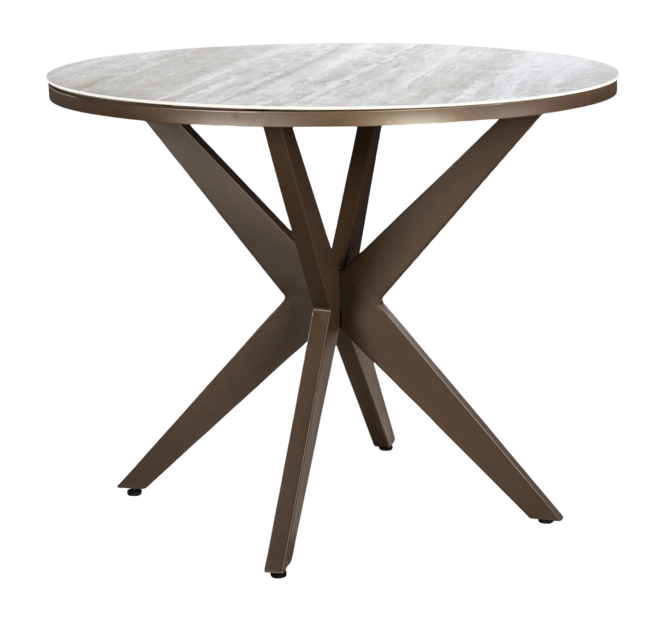 Yoi Calma high dining table Ø120cm. alu bronze/travertin