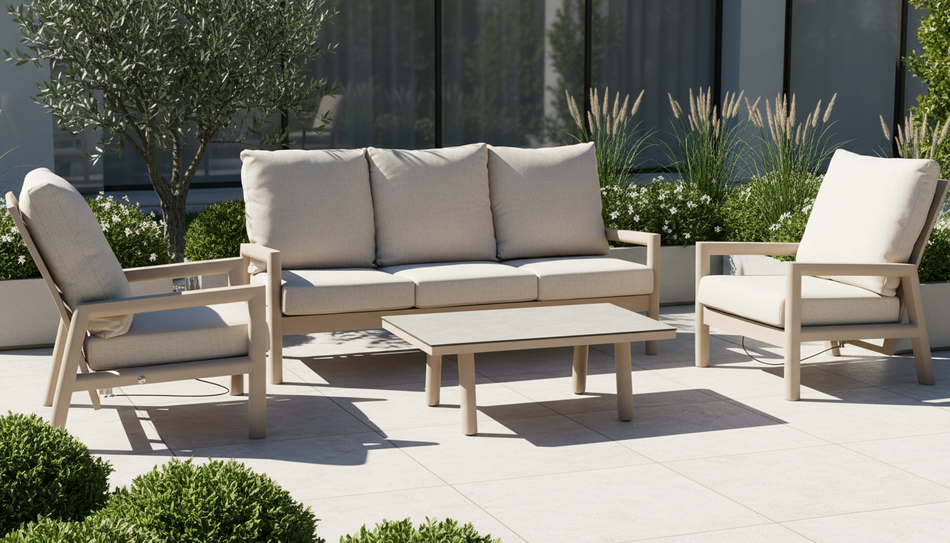 Tierra Outdoor 5-delige Sevilla Loungeset 1x 2 zits Loungebank 1 x 3 zits Loungebank 2x Loungestoel, 1 x Coffee tafel Champagne