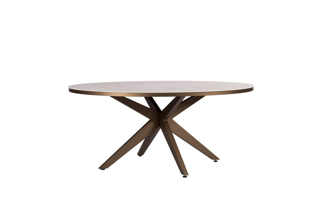 Yoi Calma low dining table Ø160cm. alu bronze/travertin