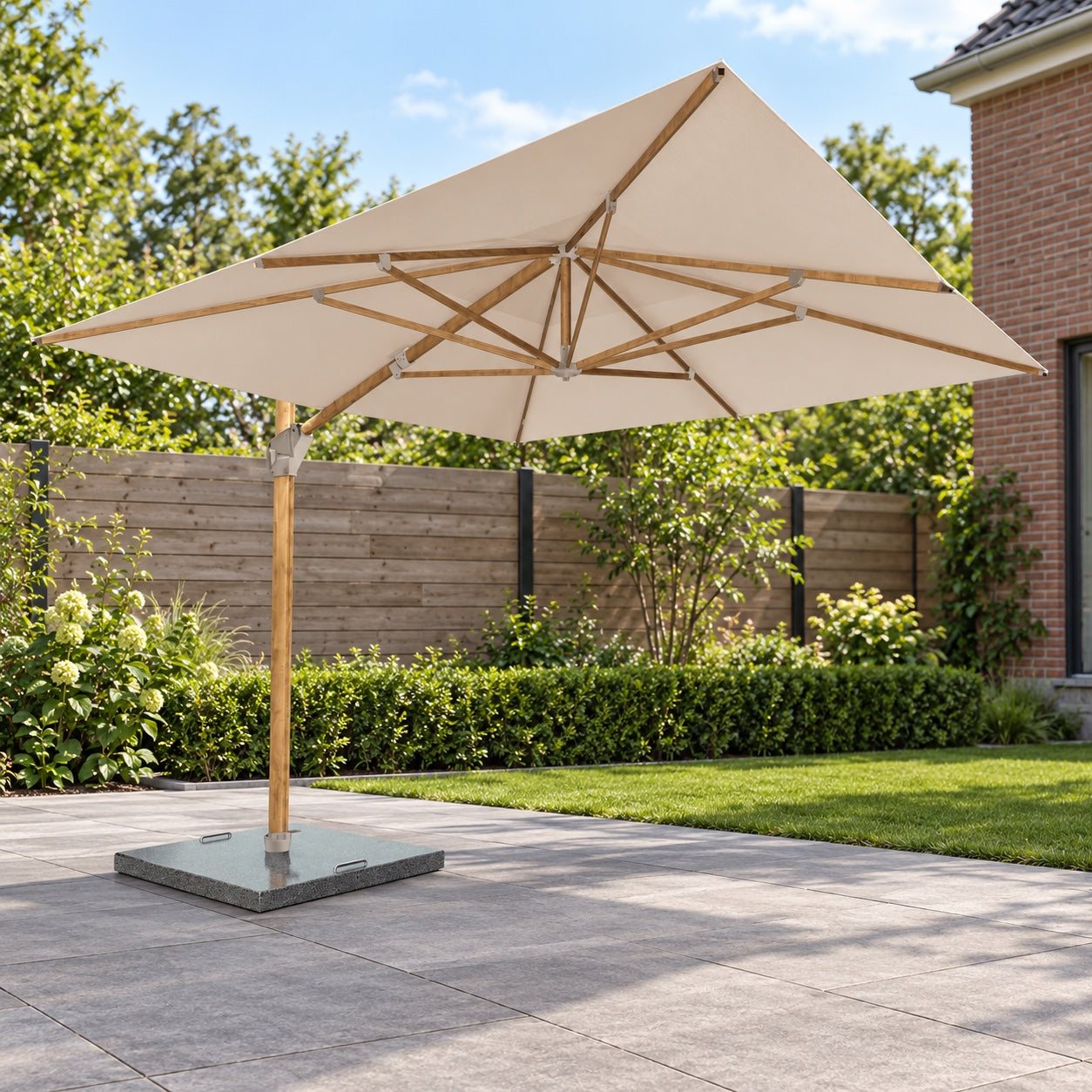 4 Seasons Outdoor Hacienda 300 x 400 cm zand met houtlook frame in een Nederlandse tuinomgeving
