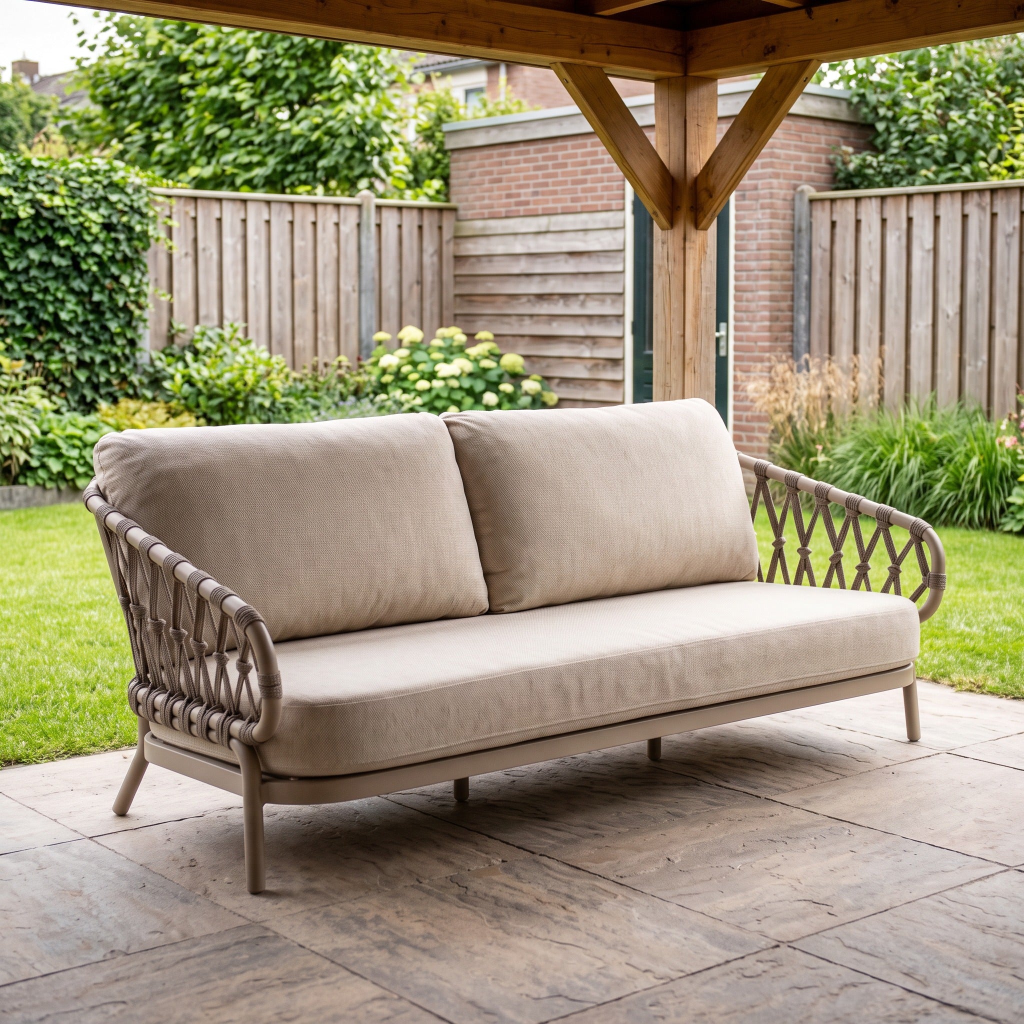Tierra Outdoor Natal 3-zits loungebank Champagne in een Nederlandse tuinomgeving