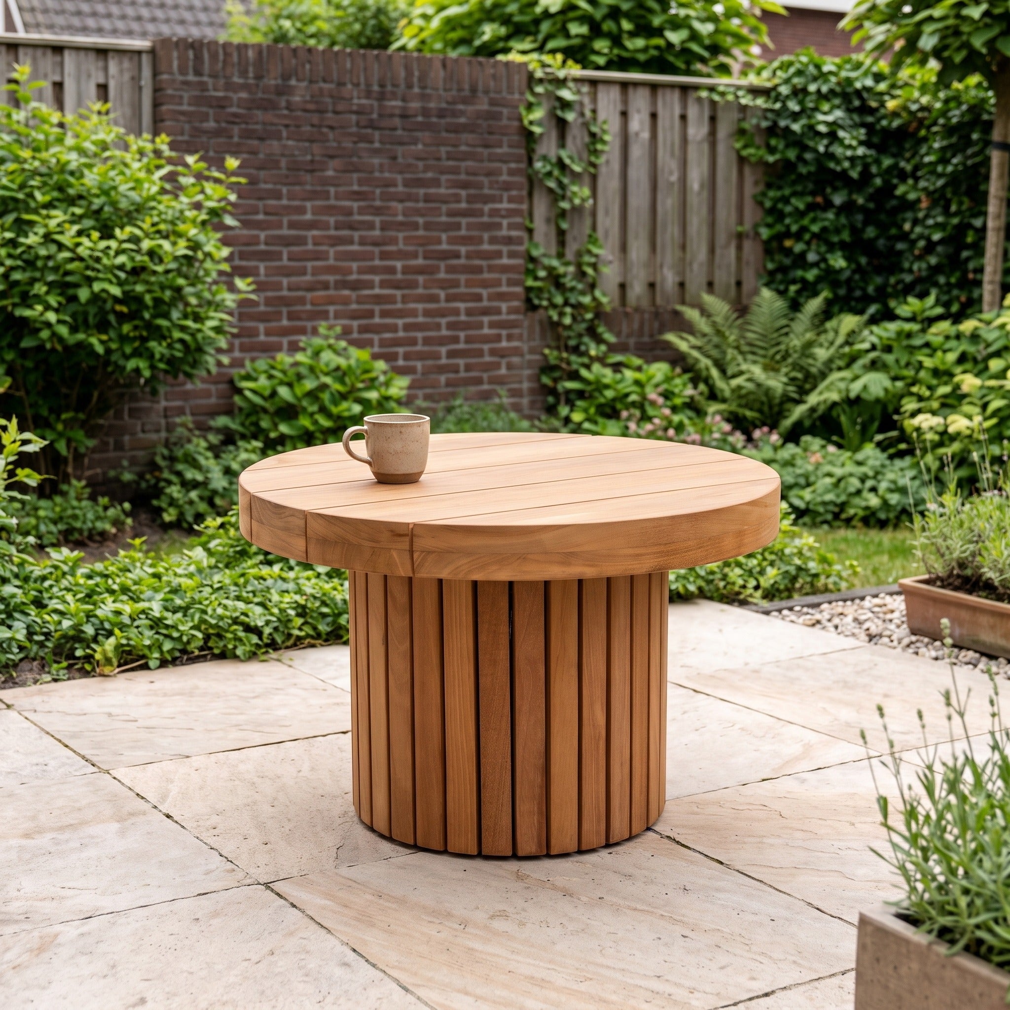 Tierra Outdoor Marapa salontafel klein teak in een Nederlandse tuinomgeving