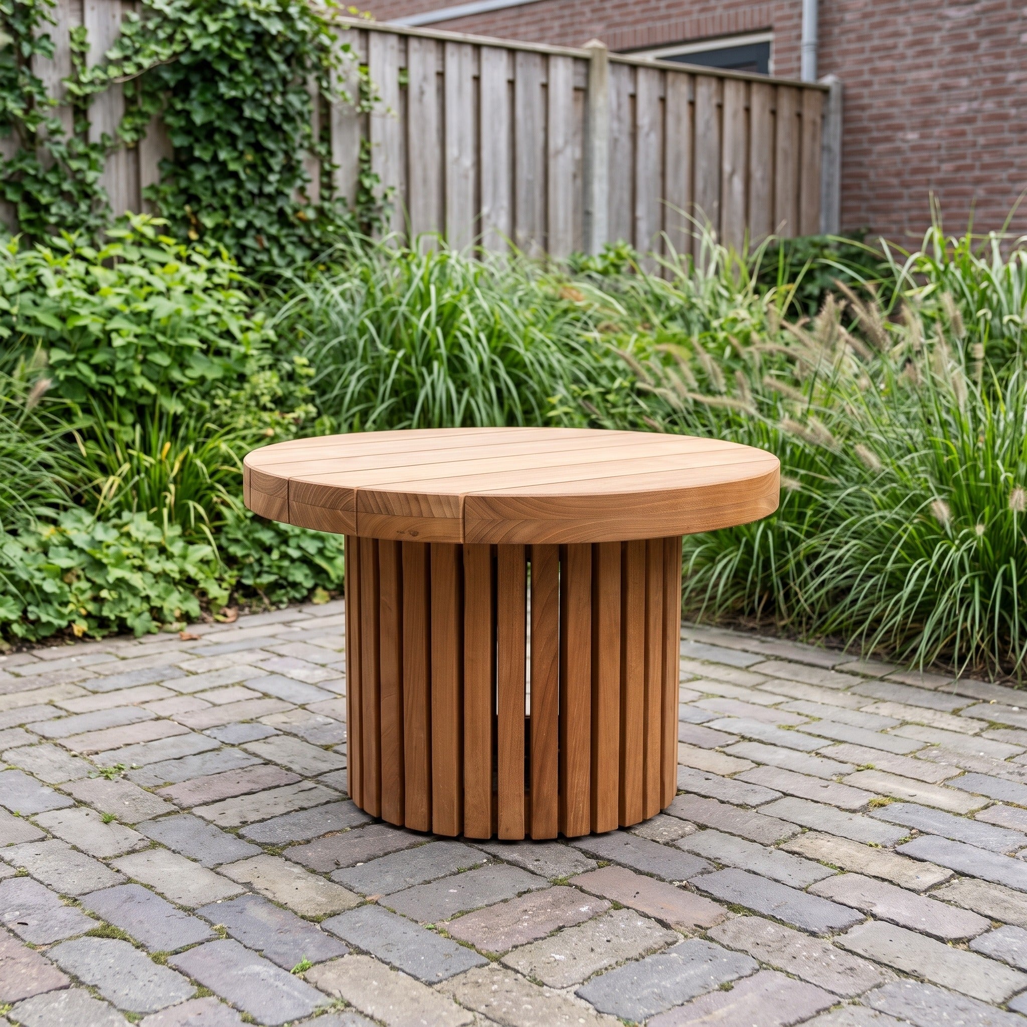 Tierra Outdoor Marapa salontafel medium teak in een Nederlandse tuinomgeving