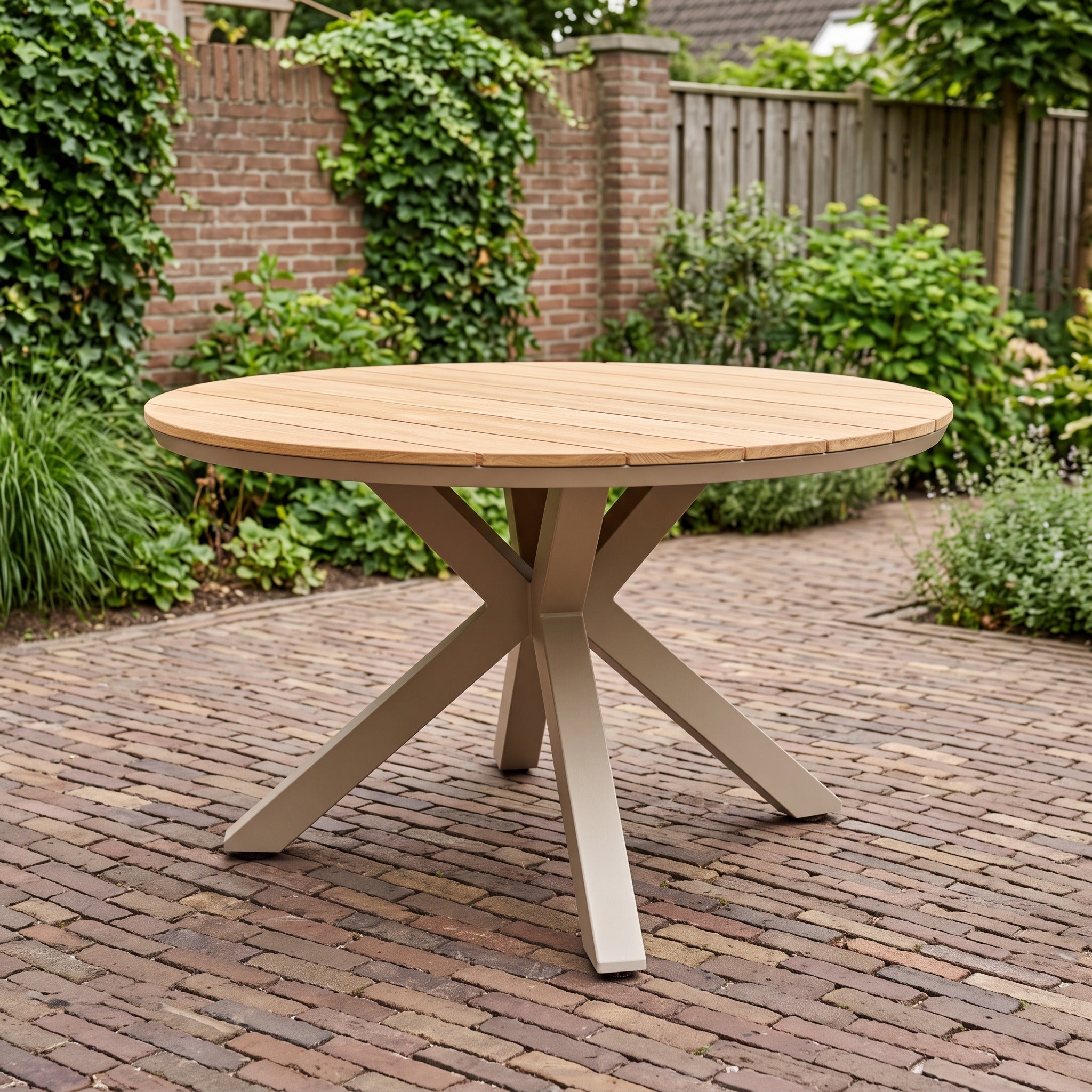 Tierra Outdoor Orbital eettafel teak 120 cm Ø Champagne in een Nederlandse tuinomgeving