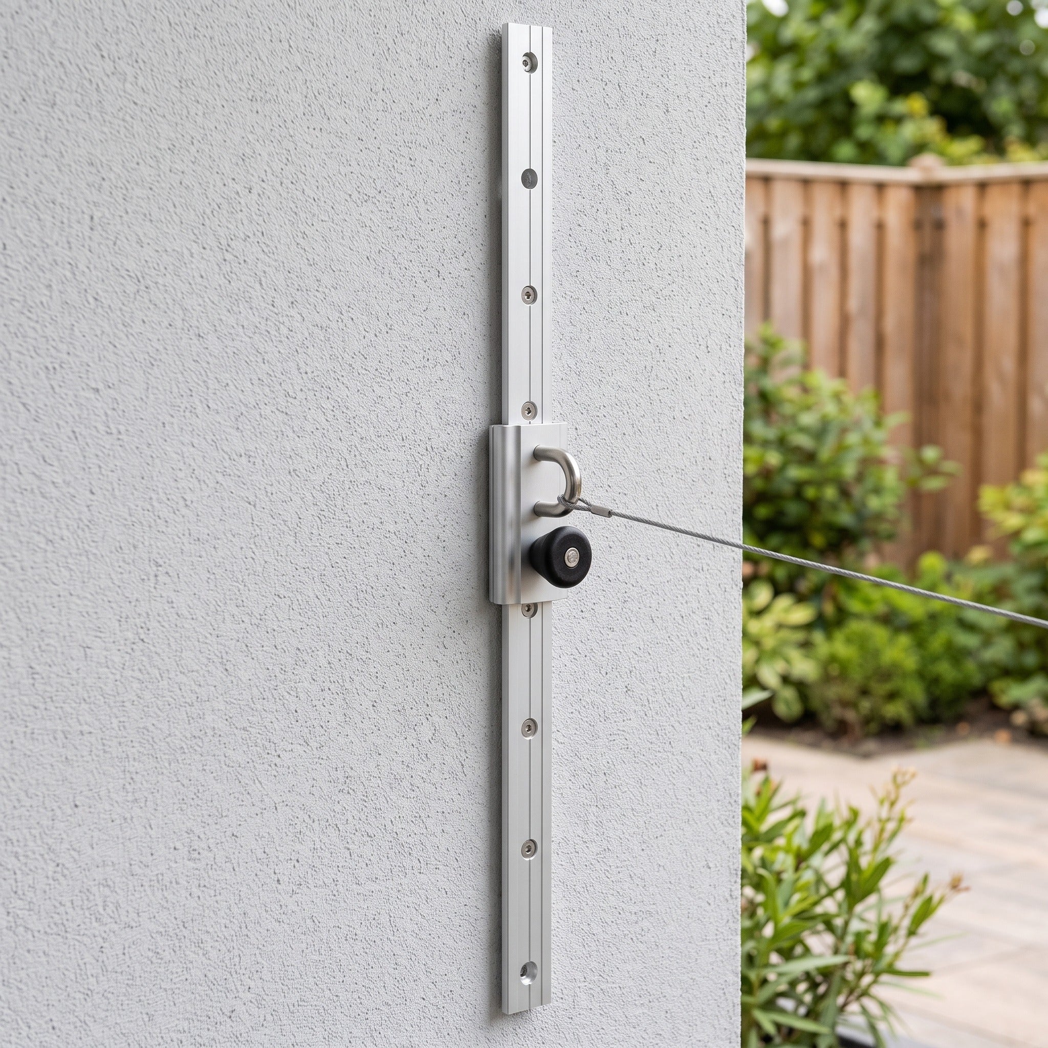 Platinum Rails met oogbout 1m RVS 316Chrome in een Nederlandse tuinomgeving