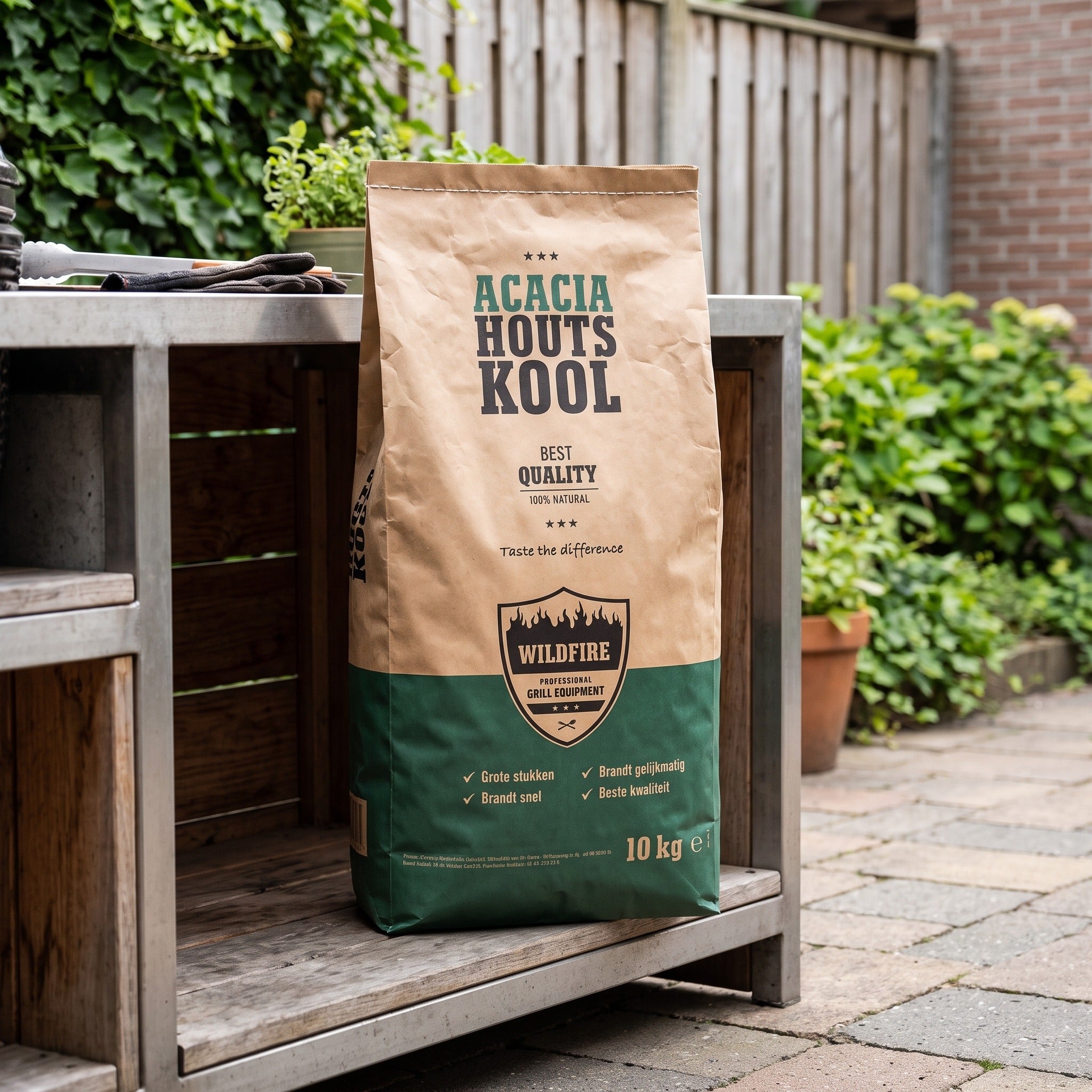 WildFire 10 kg Acacia houtskool in een Nederlandse tuinomgeving