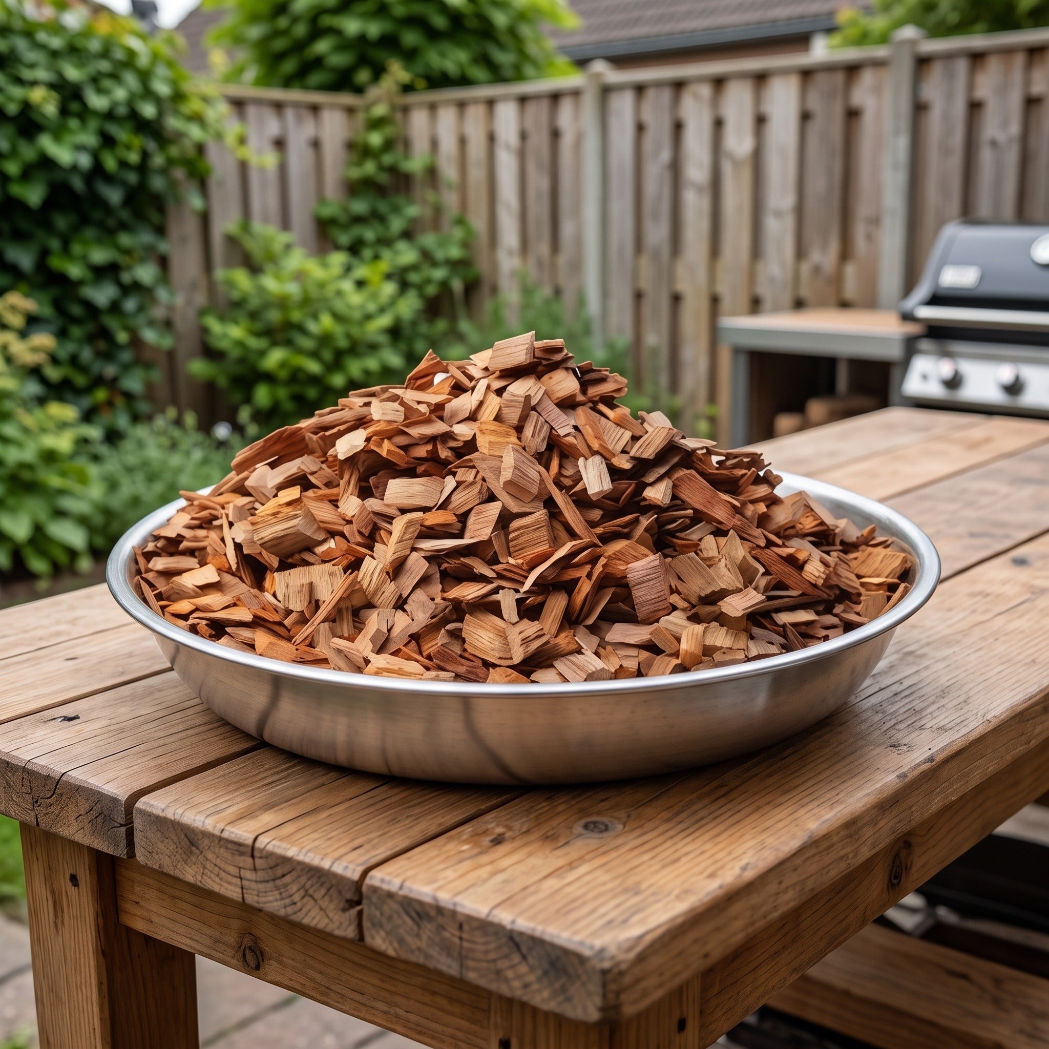 Napoleon Wood chips kers 700 gram in een Nederlandse tuinomgeving