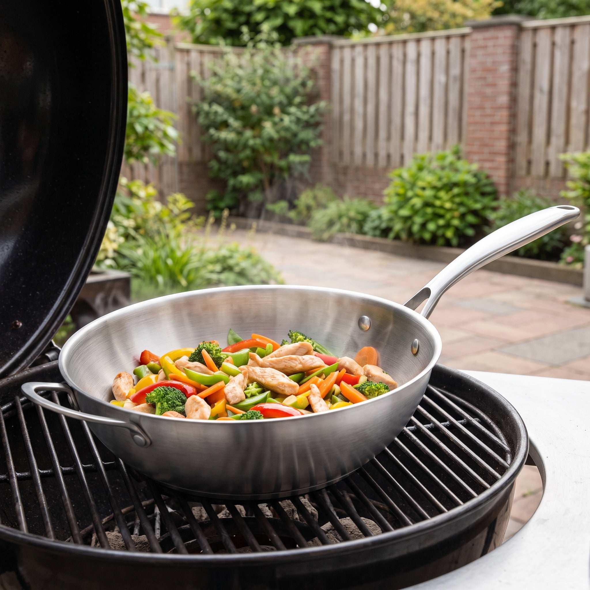 Napoleon RVS wok 12'' in een Nederlandse tuinomgeving