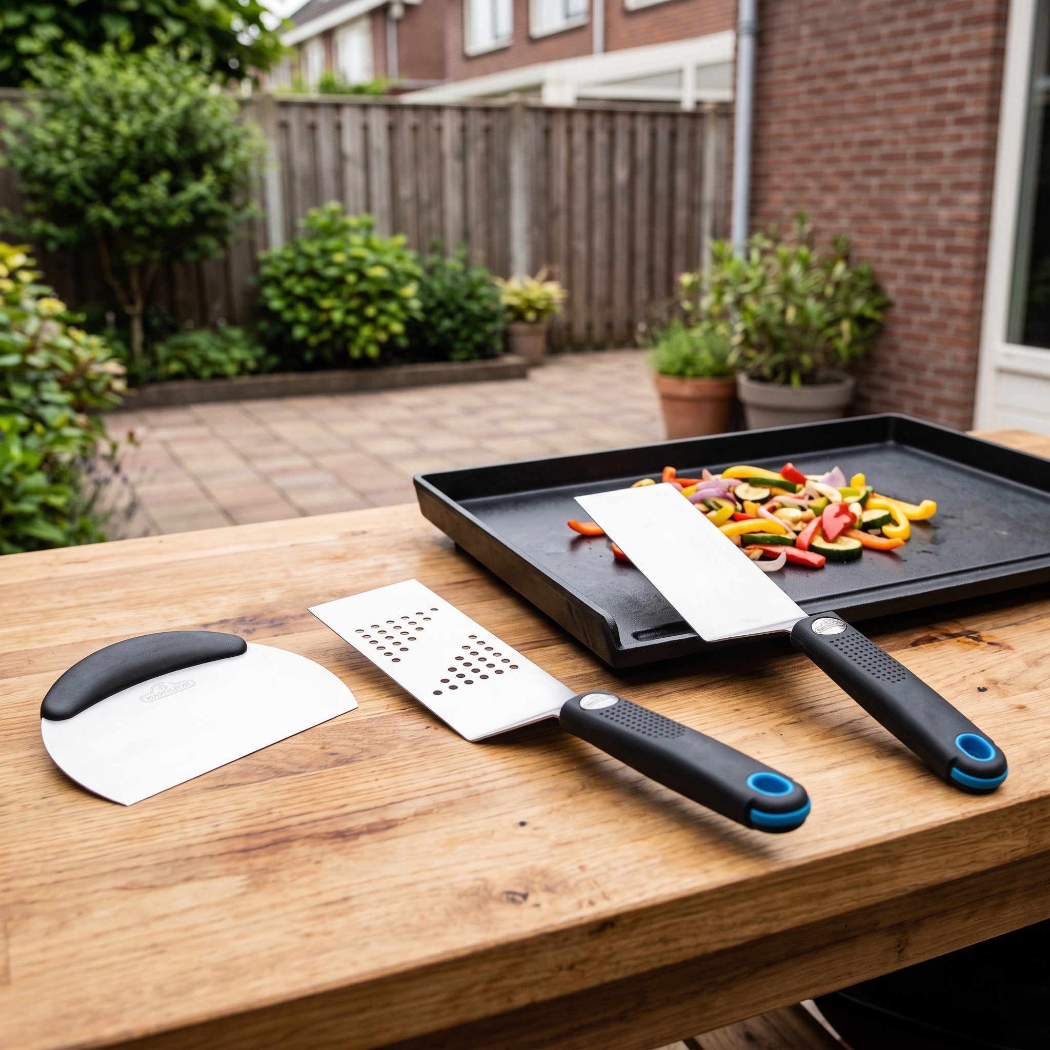 Napoleon PRO plancha toolset 3-delig in een Nederlandse tuinomgeving